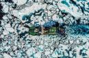 Drone shot of icebreaker in a sea of ice